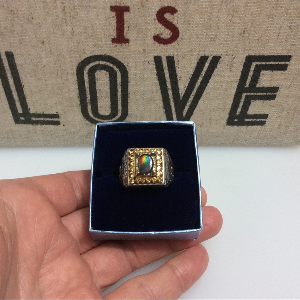 Sterling silver ammolite and sapphire ring